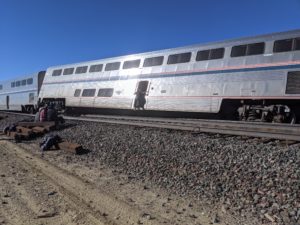 A derailed Amtrak car in Montana